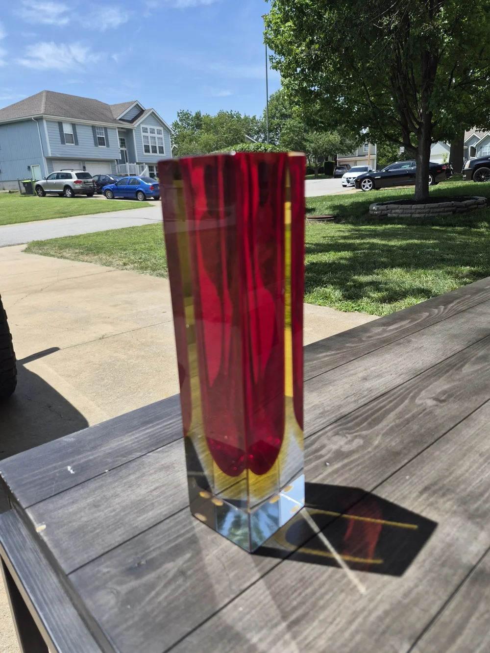 Murano Red and Yellow Tall Rectangular Glass Vase